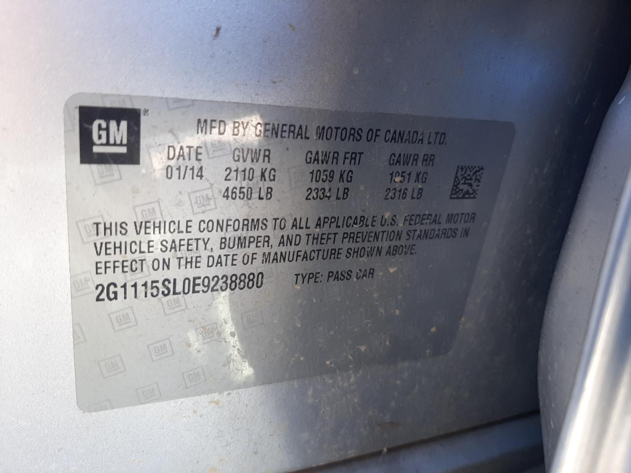 2G1115SL0E9238880 2014 Chevrolet Impala Lt