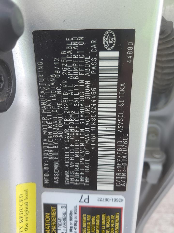 4T4BF1FK8CR244466 2012 Toyota Camry Base