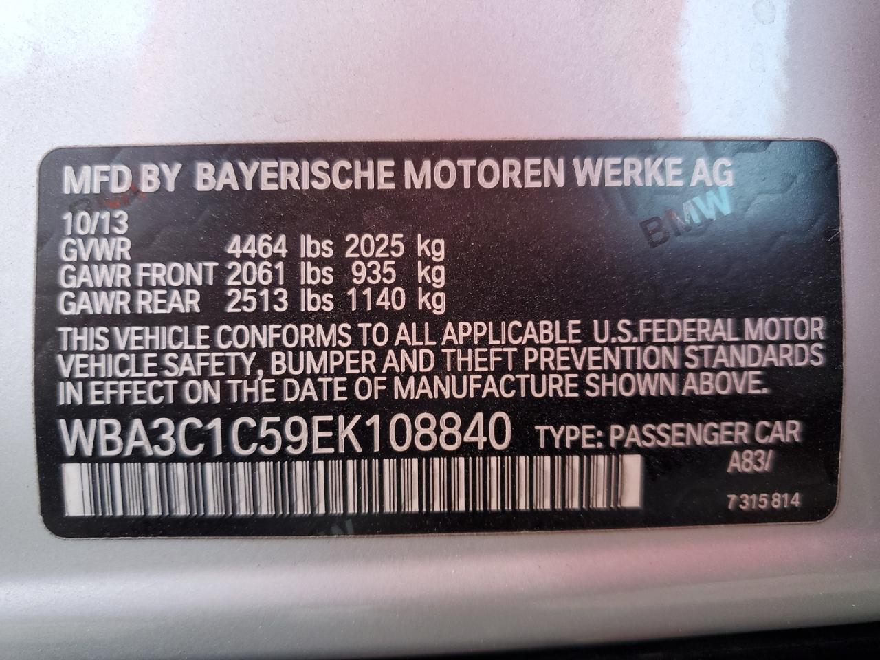 2014 BMW 328 I Sulev VIN: WBA3C1C59EK108840 Lot: 78844264