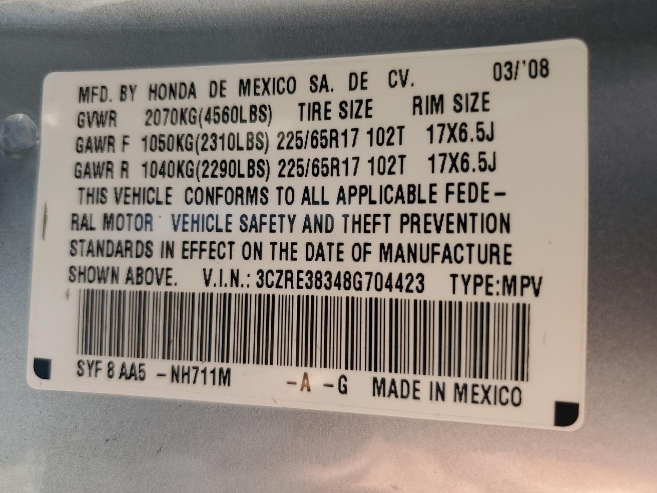 3CZRE38348G704423 2008 Honda Cr-V Lx