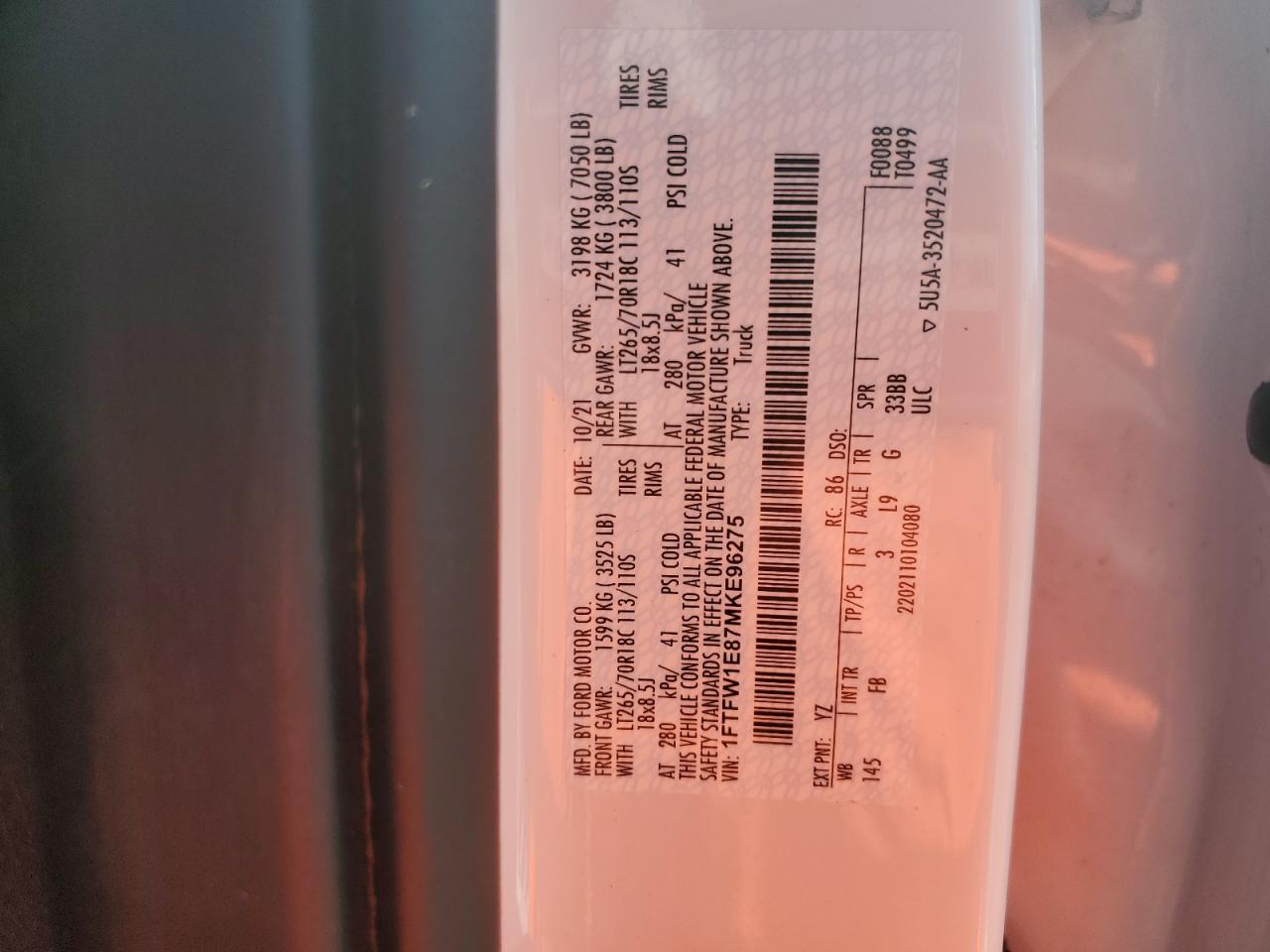 2021 Ford F150 Supercrew VIN: 1FTFW1E87MKE96275 Lot: 74647974