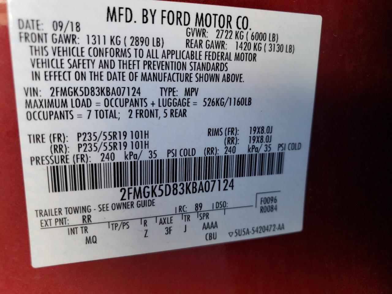 2019 Ford Flex Limited VIN: 2FMGK5D83KBA07124 Lot: 76257264