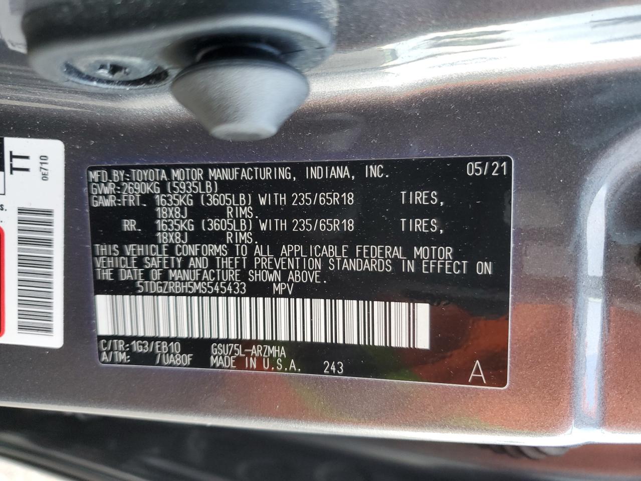 5TDGZRBH5MS545433 2021 Toyota Highlander Xle