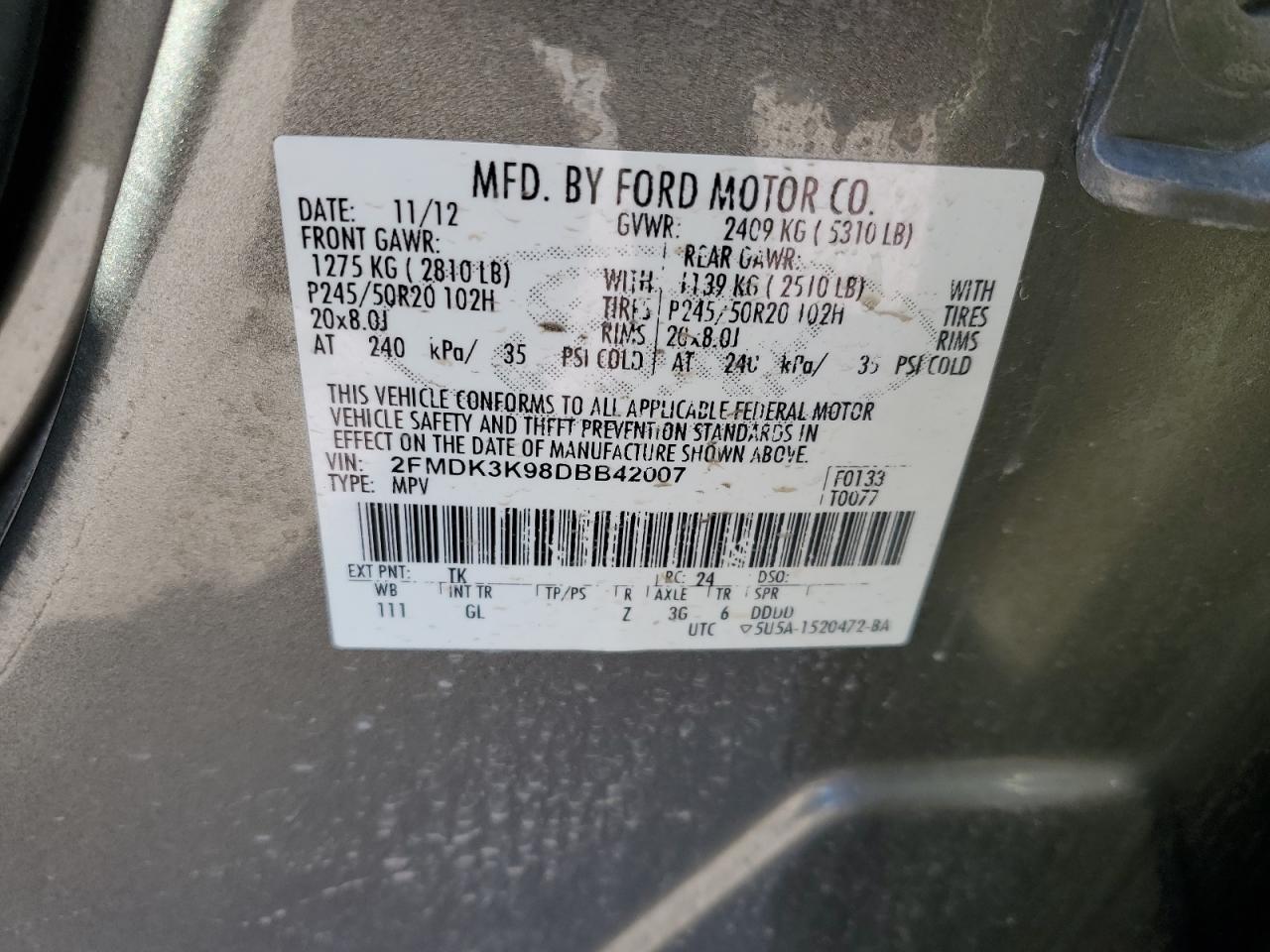 2013 Ford Edge Limited VIN: 2FMDK3K98DBB42007 Lot: 73884144