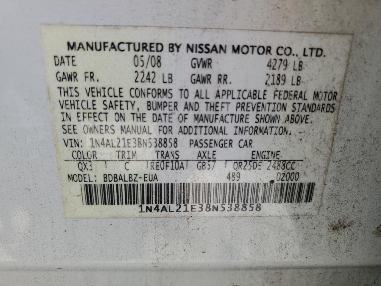 1N4AL21E38N538858 2008 Nissan Altima 2.5