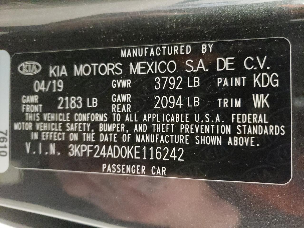 2019 Kia Forte Fe VIN: 3KPF24AD0KE116242 Lot: 74736854