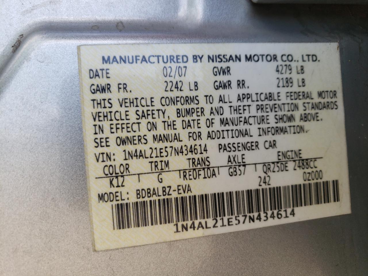 1N4AL21E57N434614 2007 Nissan Altima 2.5