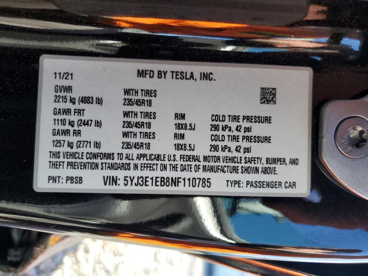 VIN 5YJ3E1EB8NF110785 2022 TESLA MODEL 3 no.12