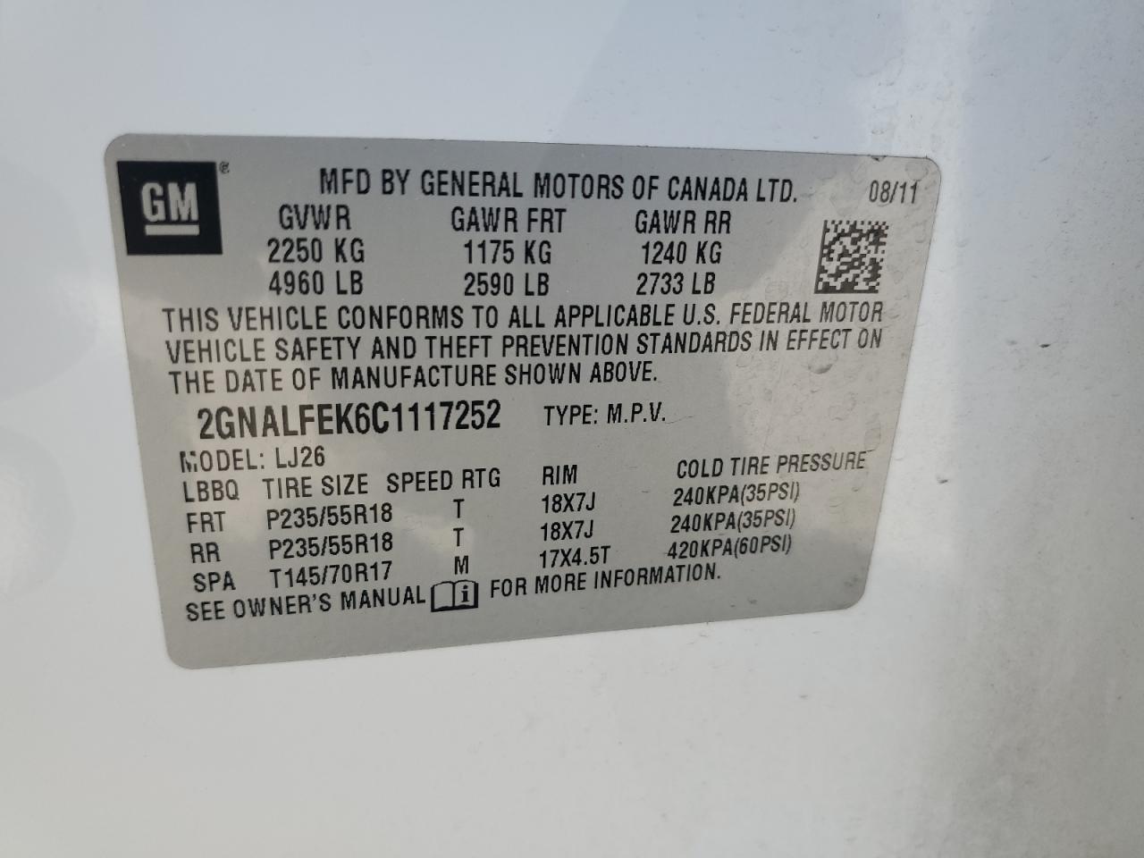 2GNALFEK6C1117252 2012 Chevrolet Equinox Ltz