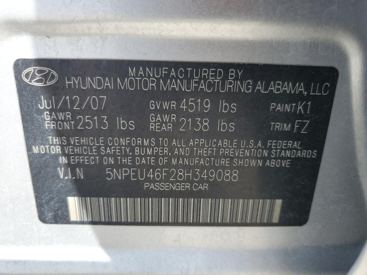 5NPEU46F28H349088 2008 Hyundai Sonata Se