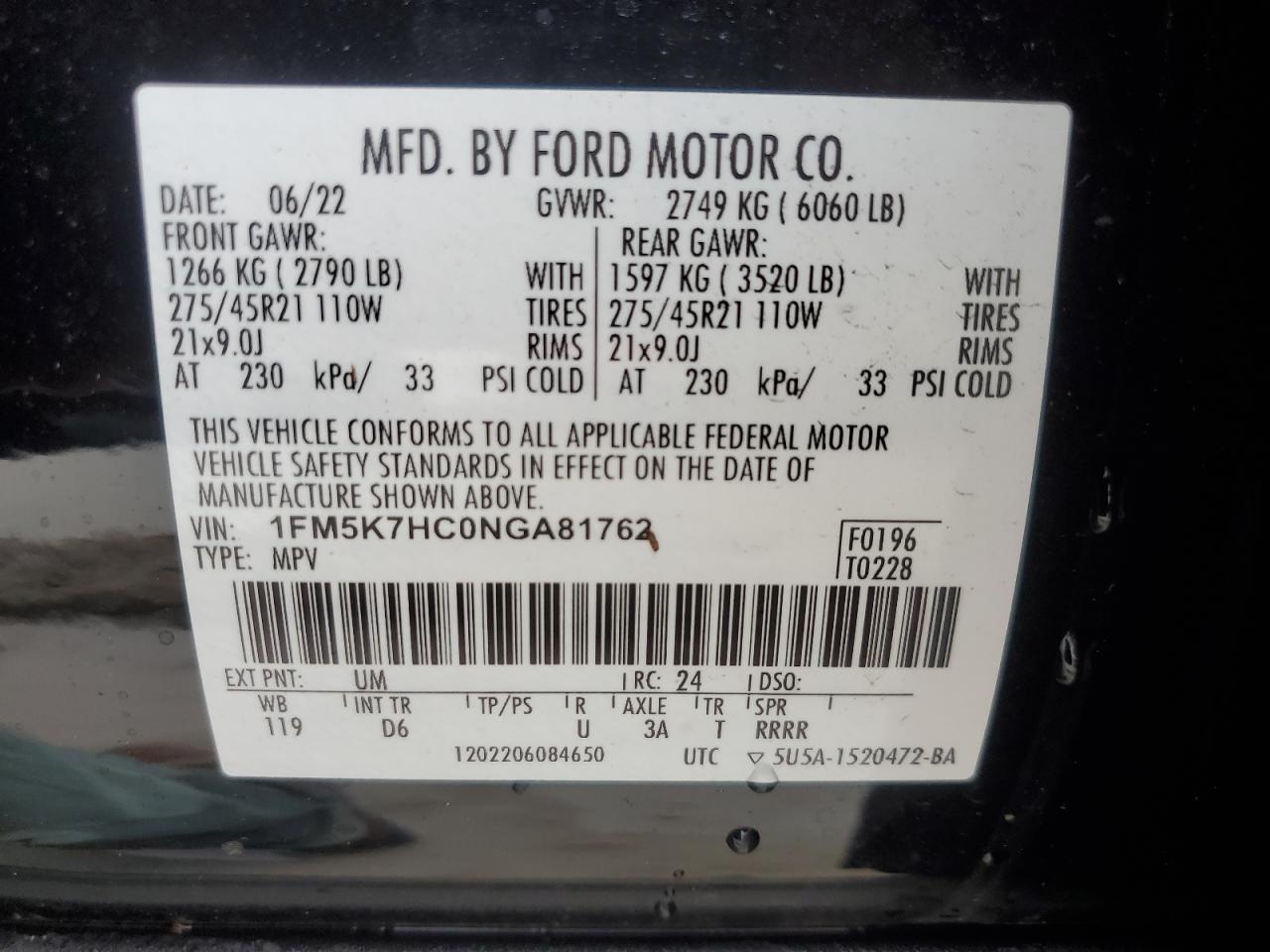 2022 Ford Explorer Platinum VIN: 1FM5K7HC0NGA81762 Lot: 74305594