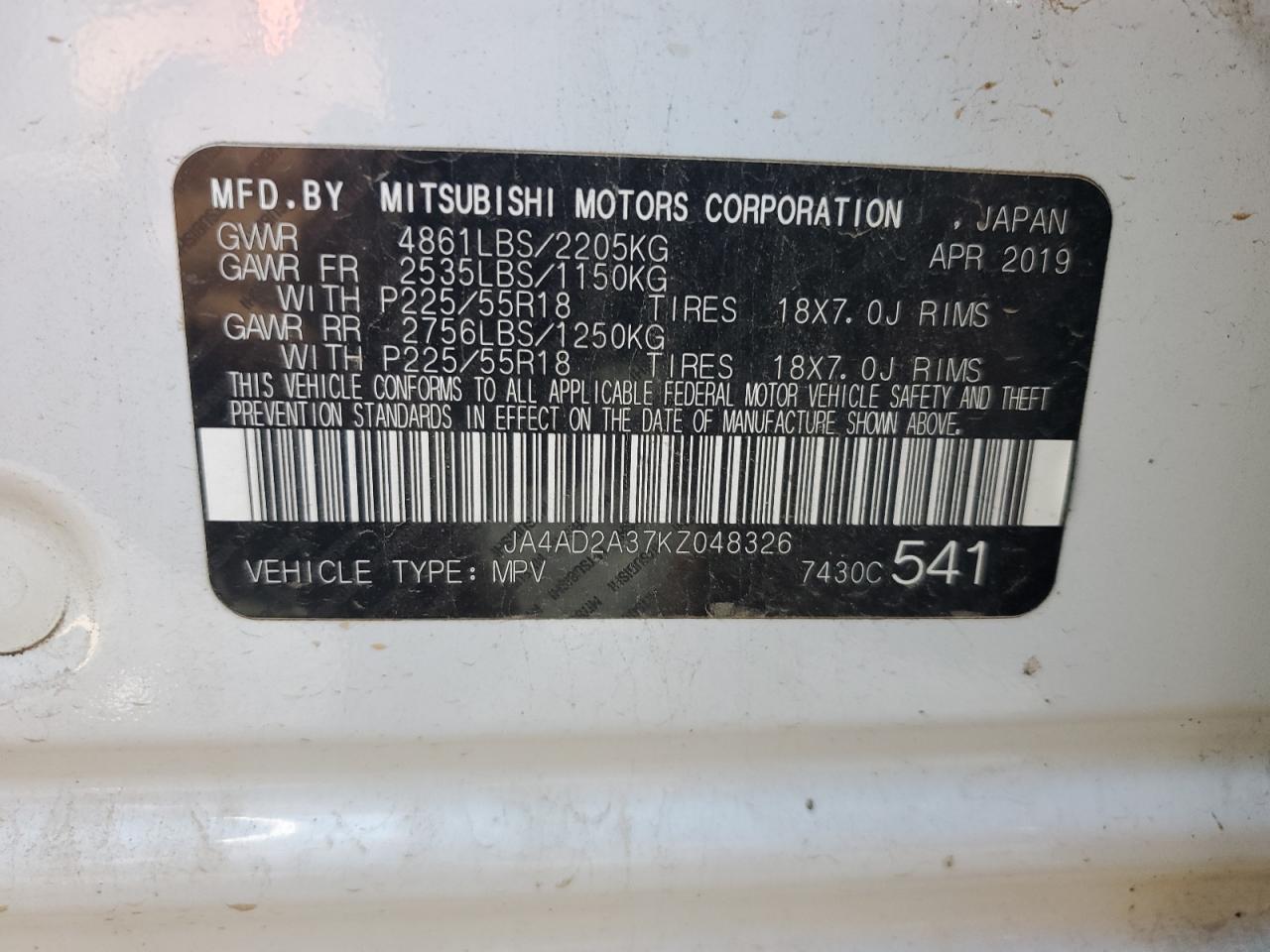 2019 Mitsubishi Outlander Es VIN: JA4AD2A37KZ048326 Lot: 77680074