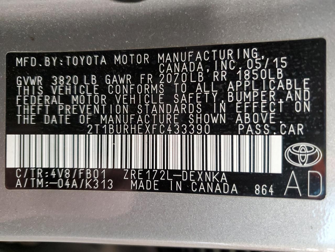 2T1BURHEXFC433390 2015 Toyota Corolla L