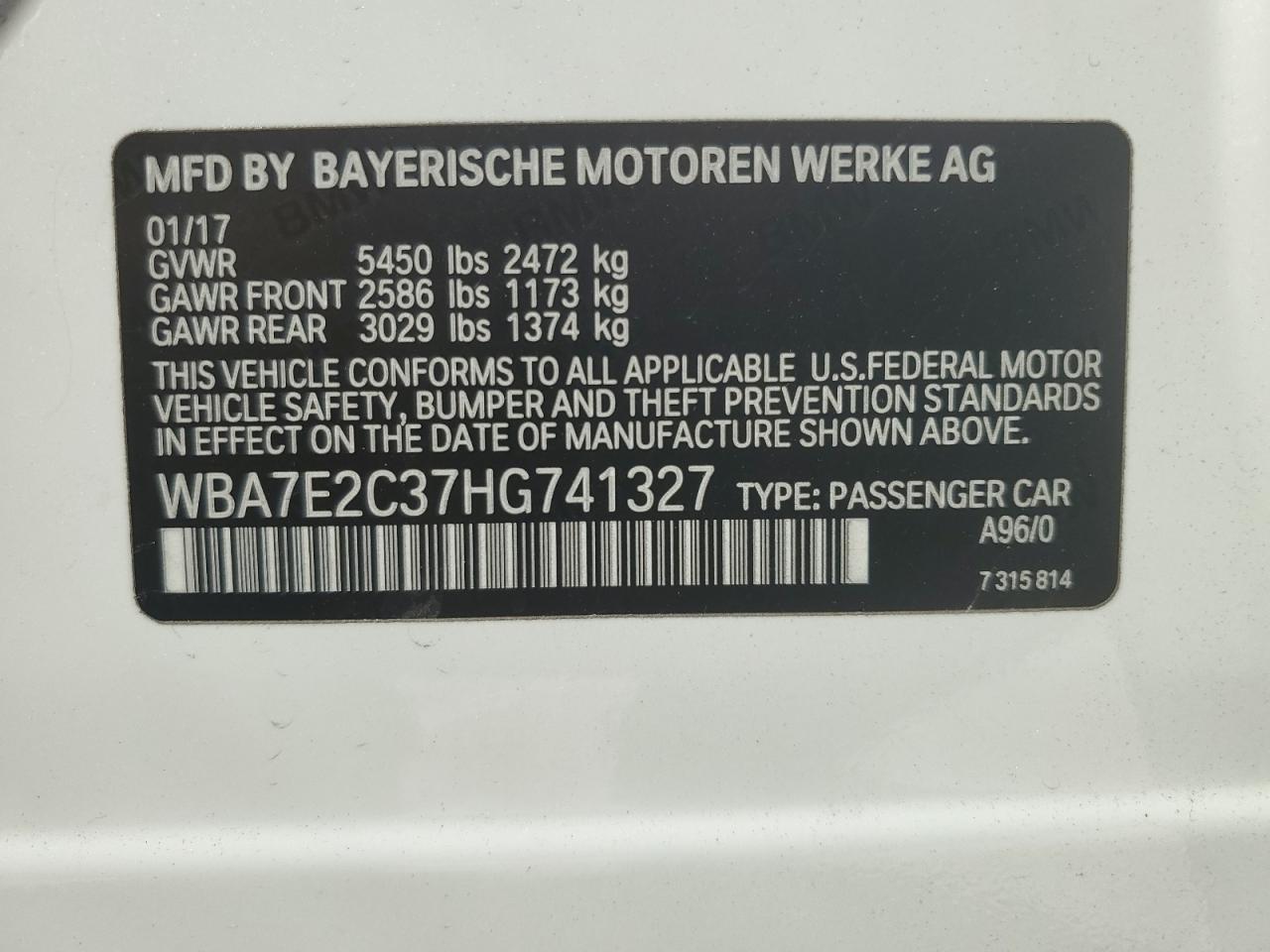 2017 BMW 740 I VIN: WBA7E2C37HG741327 Lot: 75075524