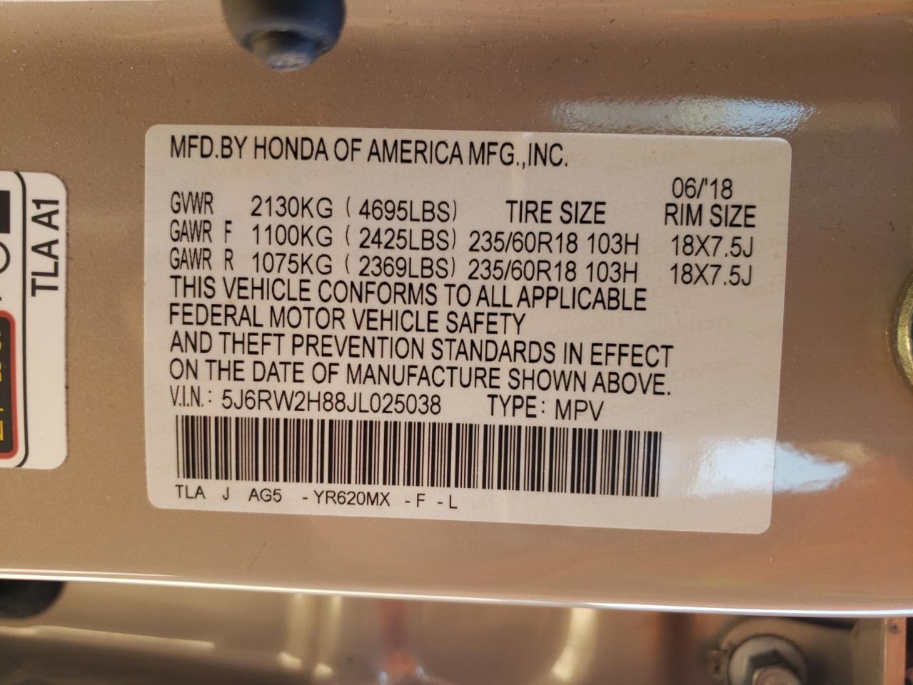 5J6RW2H88JL025038 2018 Honda Cr-V Exl