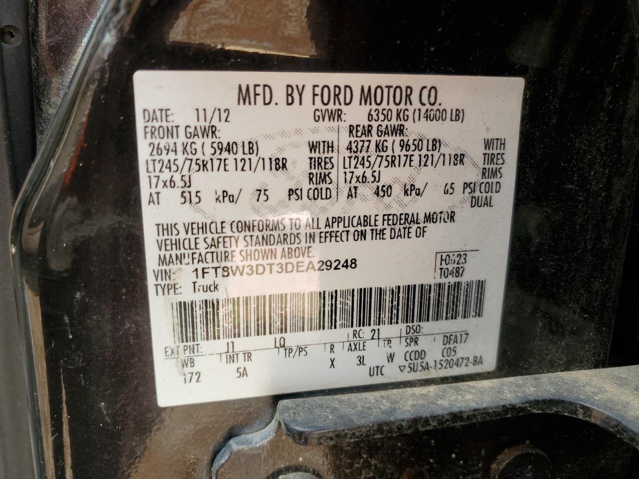 2013 Ford F350 Super Duty VIN: 1FT8W3DT3DEA29248 Lot: 72631574