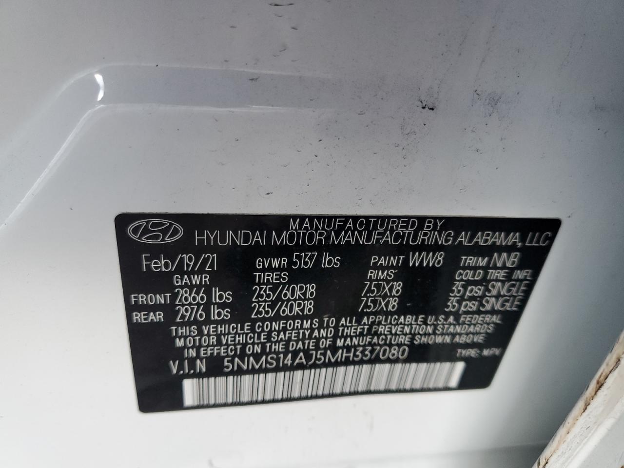 5NMS14AJ5MH337080 2021 Hyundai Santa Fe Se