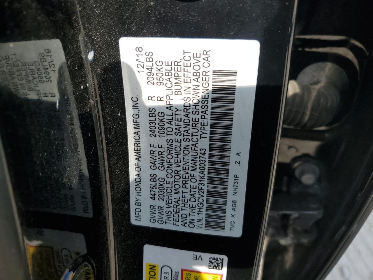 1HGCV2F31KA003743 2019 Honda Accord Sport