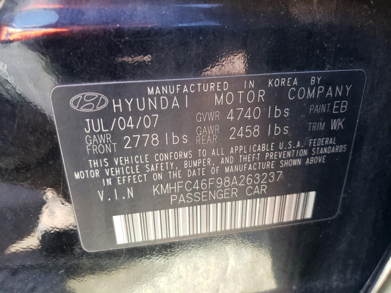 2008 Hyundai Azera Se VIN: KMHFC46F98A263237 Lot: 74064804