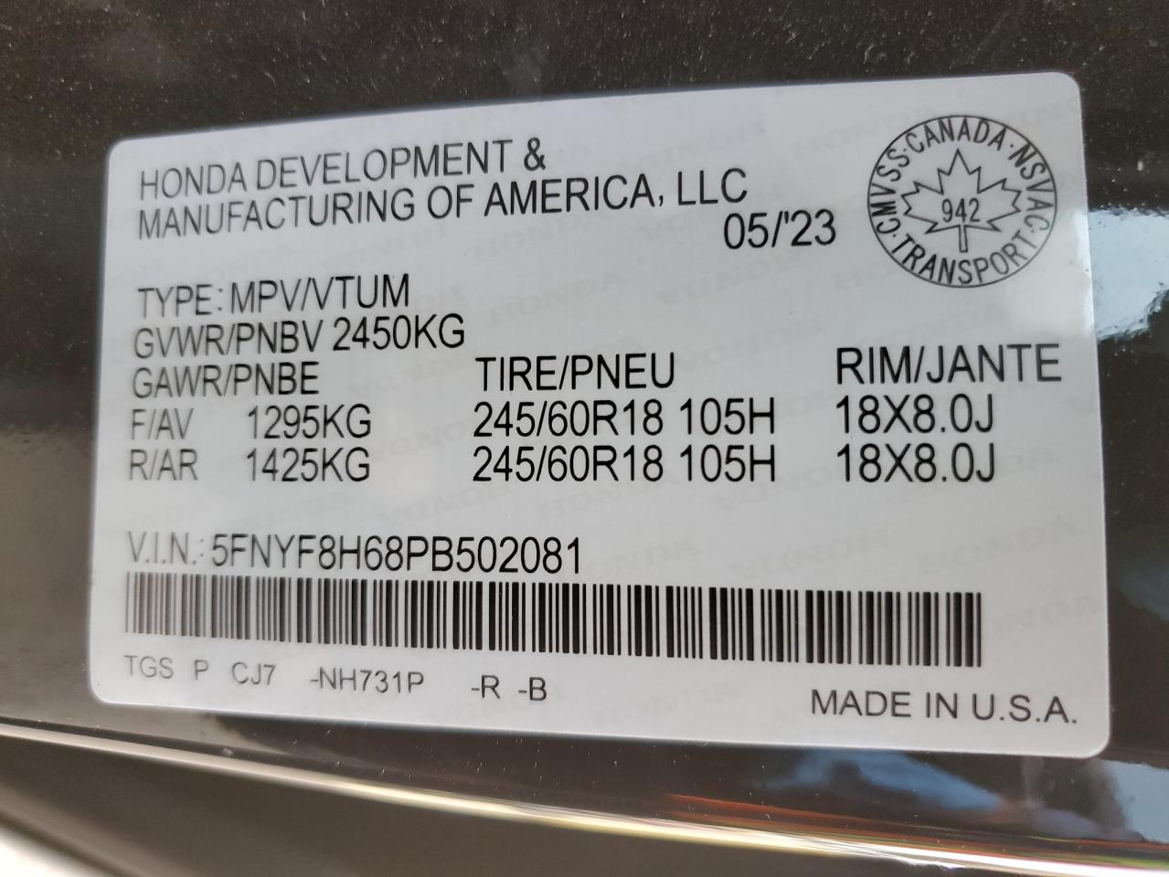 2023 Honda Passport Trail Sport VIN: 5FNYF8H68PB502081 Lot: 77141354