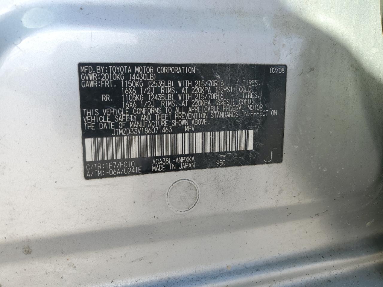 2008 Toyota Rav4 VIN: JTMZD33V186071463 Lot: 75491094