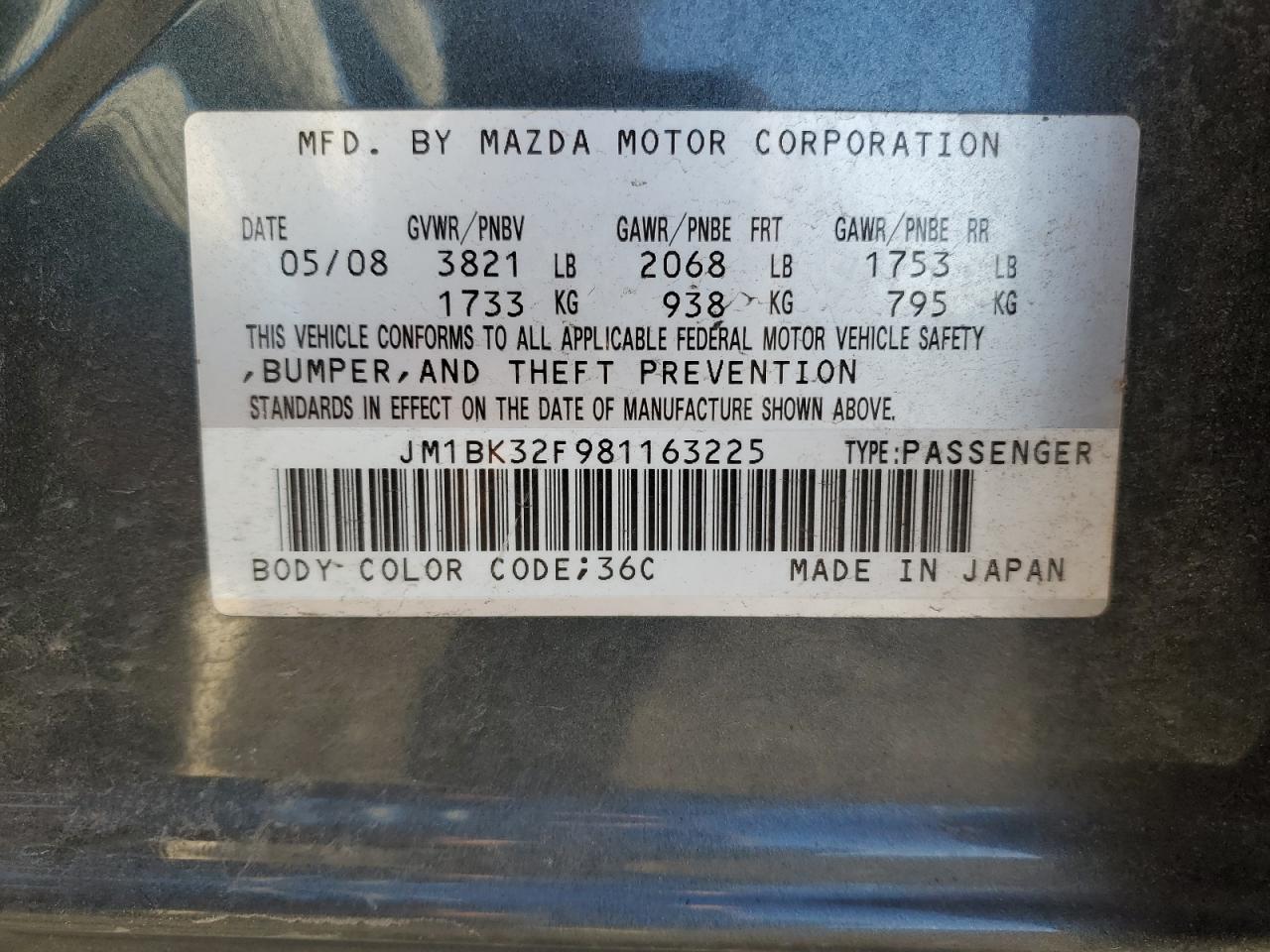 JM1BK32F981163225 2008 Mazda 3 I