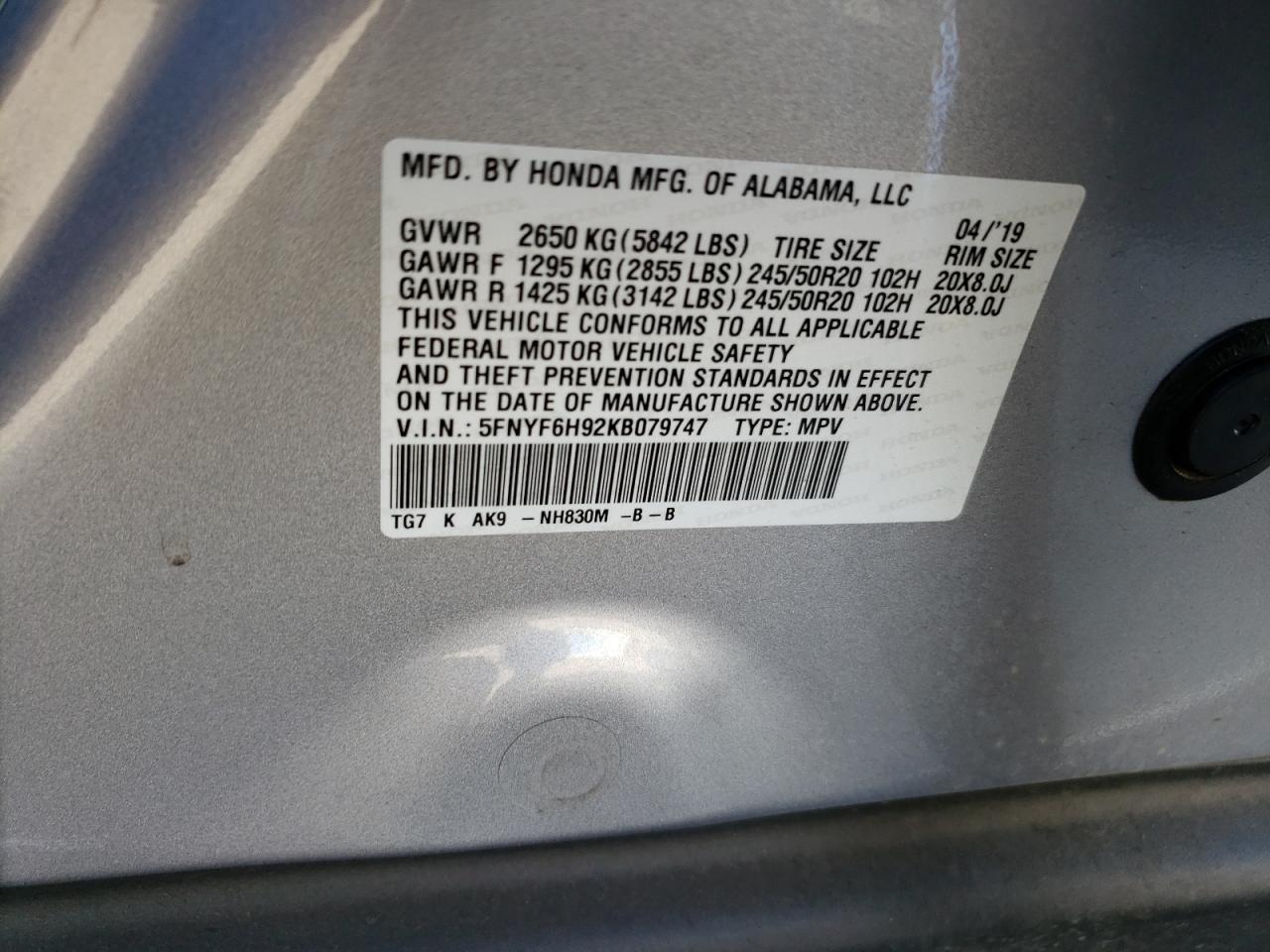 5FNYF6H92KB079747 2019 Honda Pilot Touring