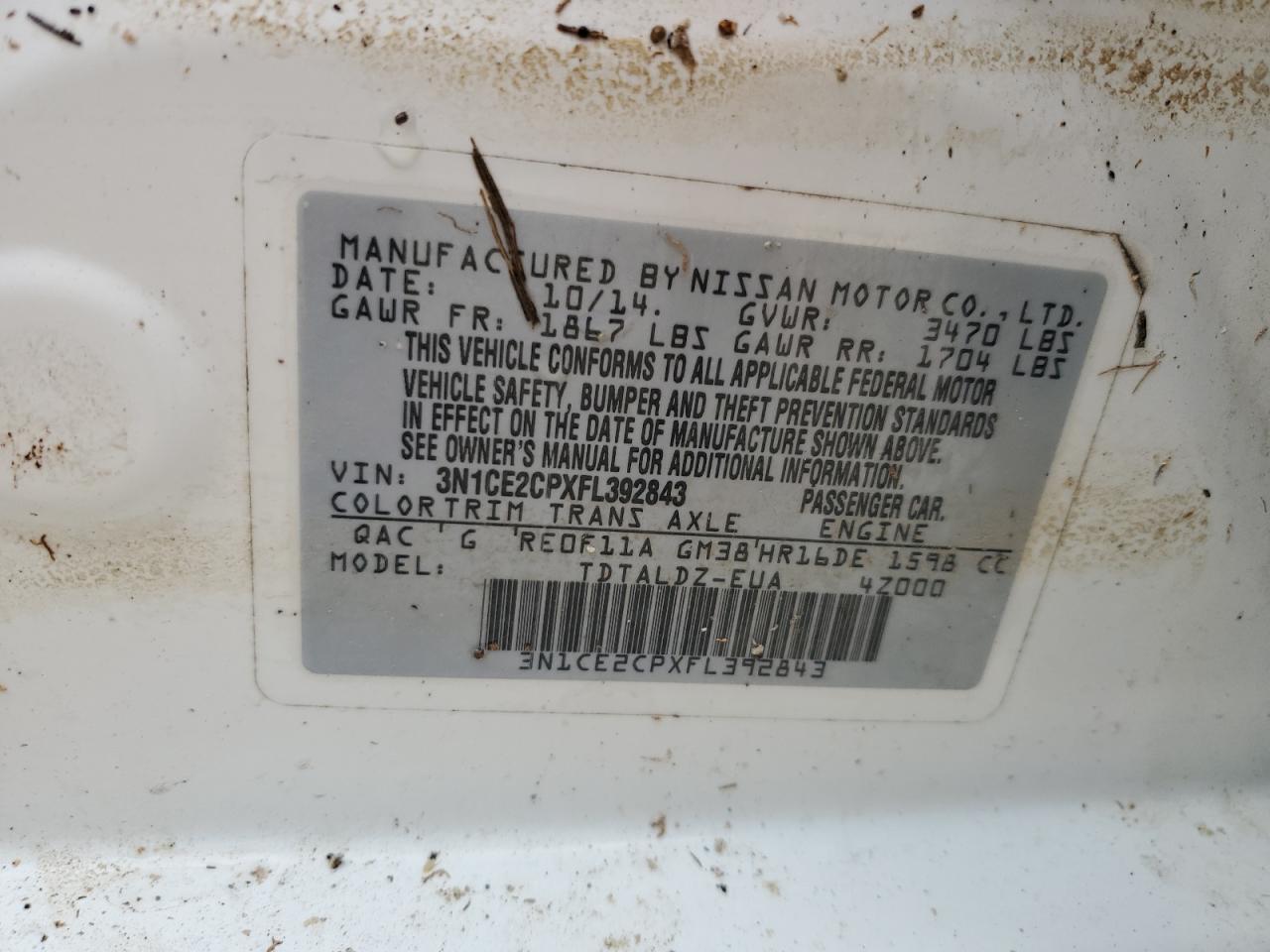 3N1CE2CPXFL392843 2015 Nissan Versa Note S