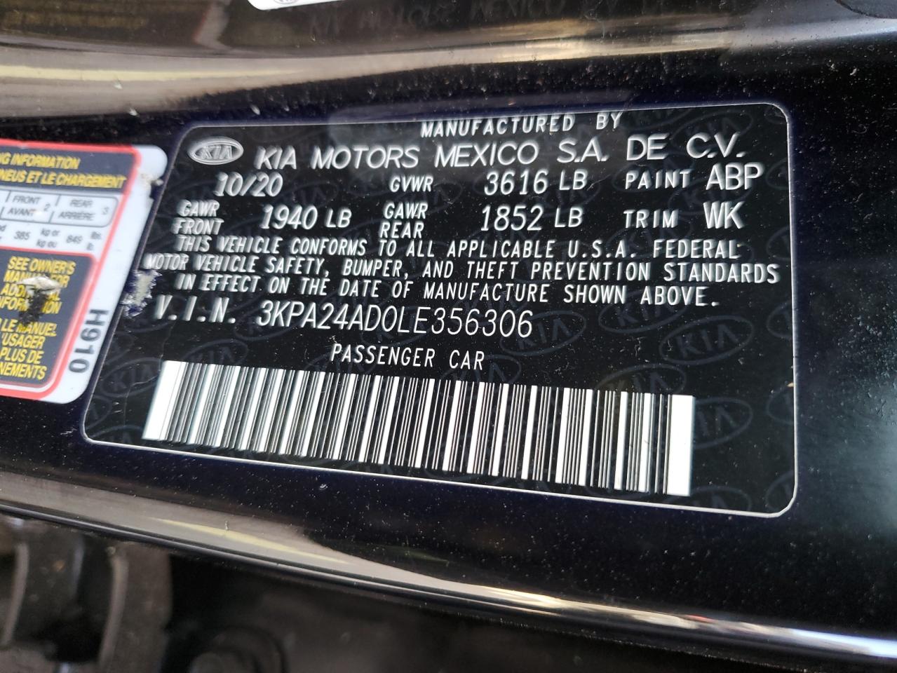 2020 Kia Rio Lx VIN: 3KPA24AD0LE356306 Lot: 75227484