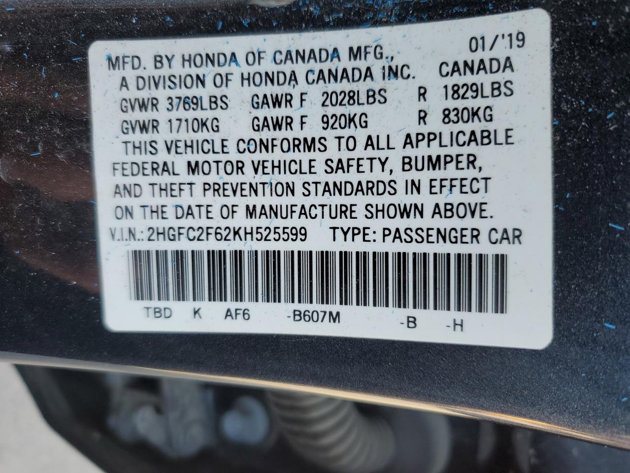 2HGFC2F62KH525599 2019 Honda Civic Lx