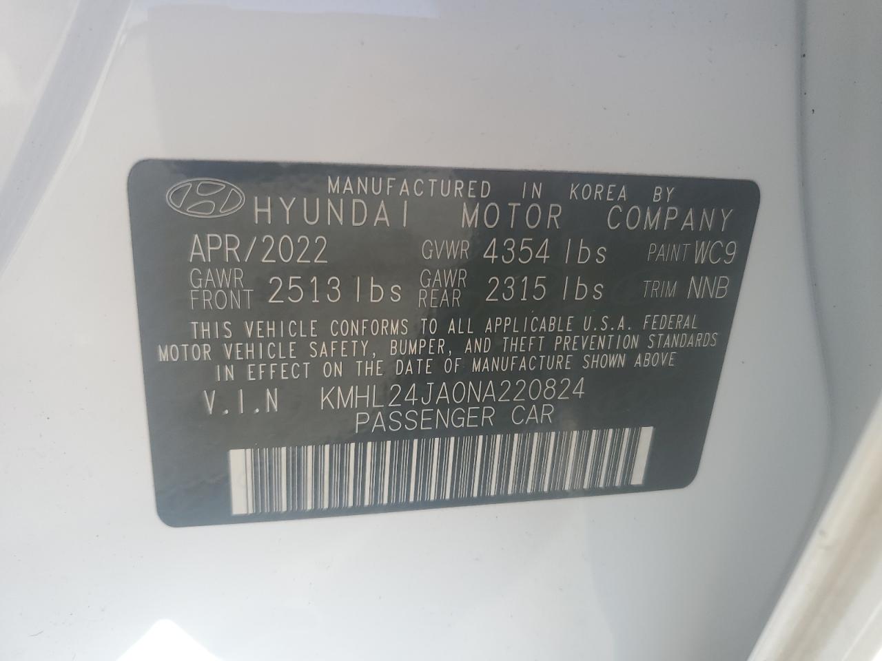 2022 Hyundai Sonata Se VIN: KMHL24JA0NA220824 Lot: 77402564