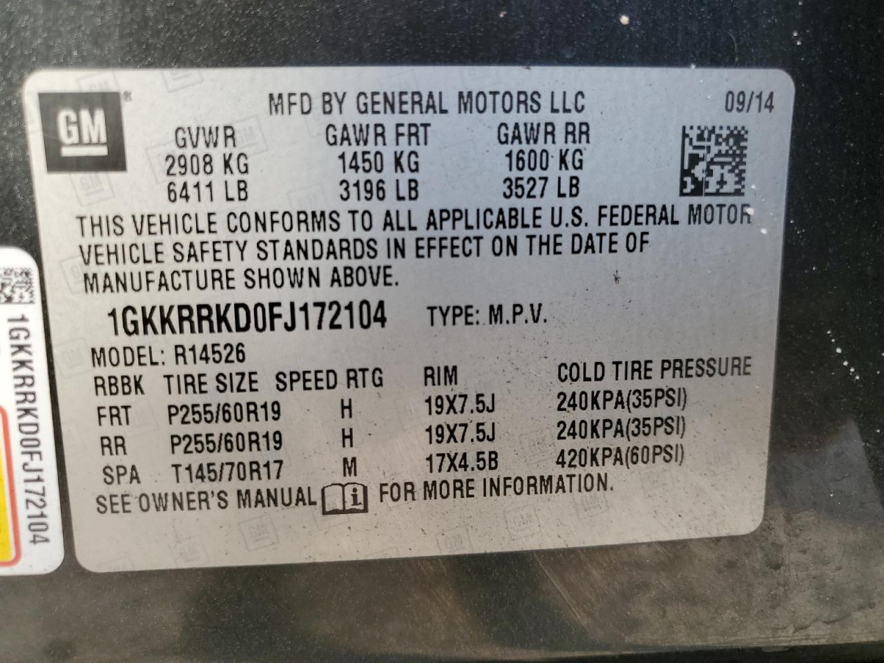 1GKKRRKD0FJ172104 2015 GMC Acadia Slt-1