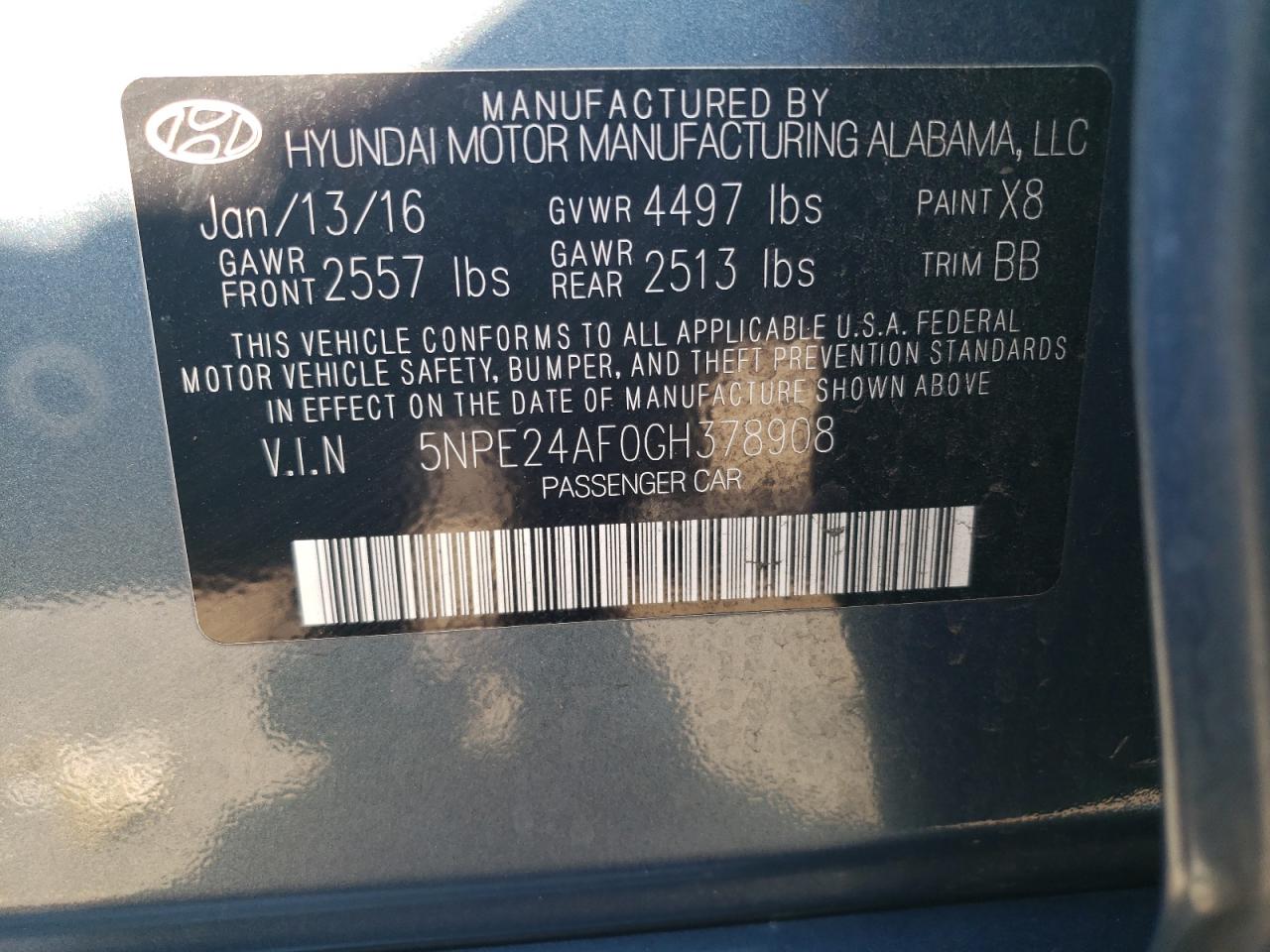 5NPE24AF0GH378908 2016 Hyundai Sonata Se