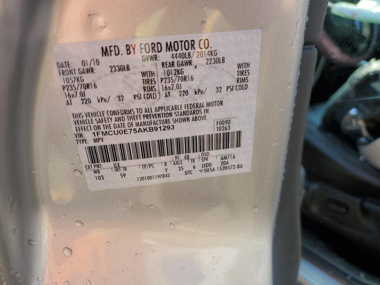 1FMCU0E75AKB91293 2010 Ford Escape Limited