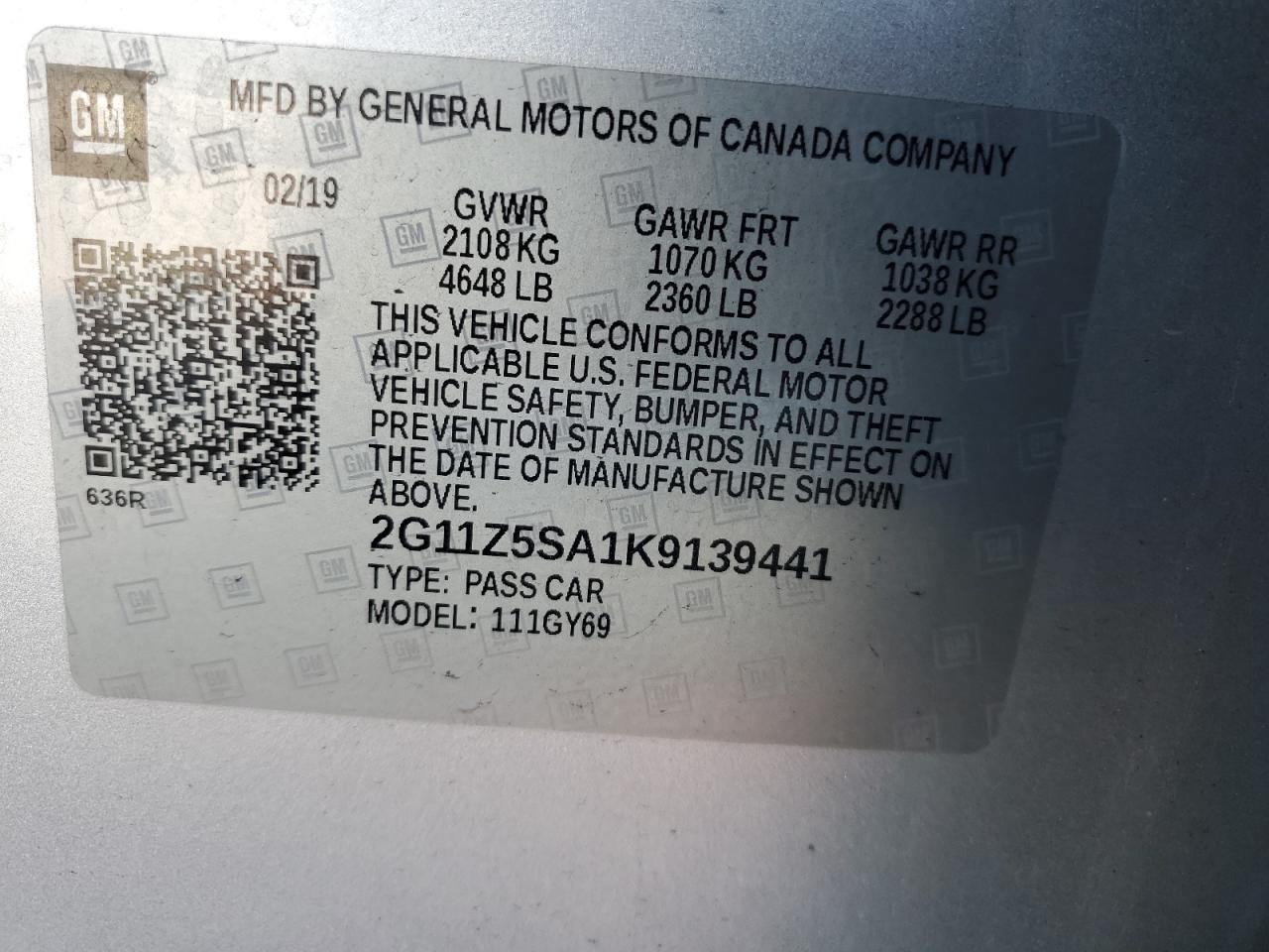 2G11Z5SA1K9139441 2019 Chevrolet Impala Lt