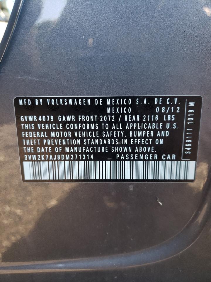 2013 Volkswagen Jetta Base VIN: 3VW2K7AJ8DM371314 Lot: 75501254