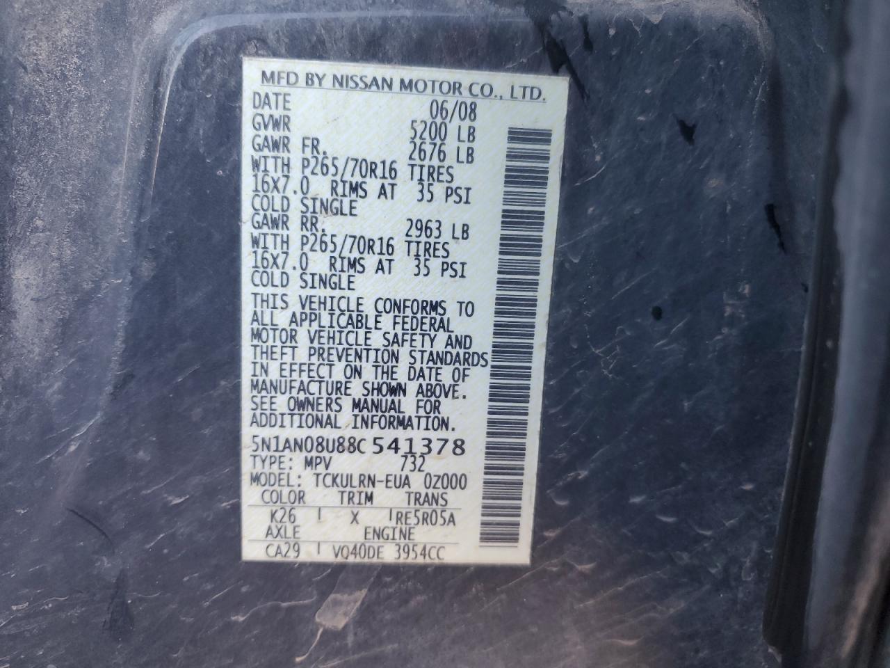 2008 Nissan Xterra Off Road VIN: 5N1AN08U88C541378 Lot: 61332075