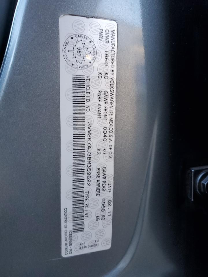 2011 Volkswagen Jetta Base VIN: 3VW2K7AJ3BM359522 Lot: 74530254