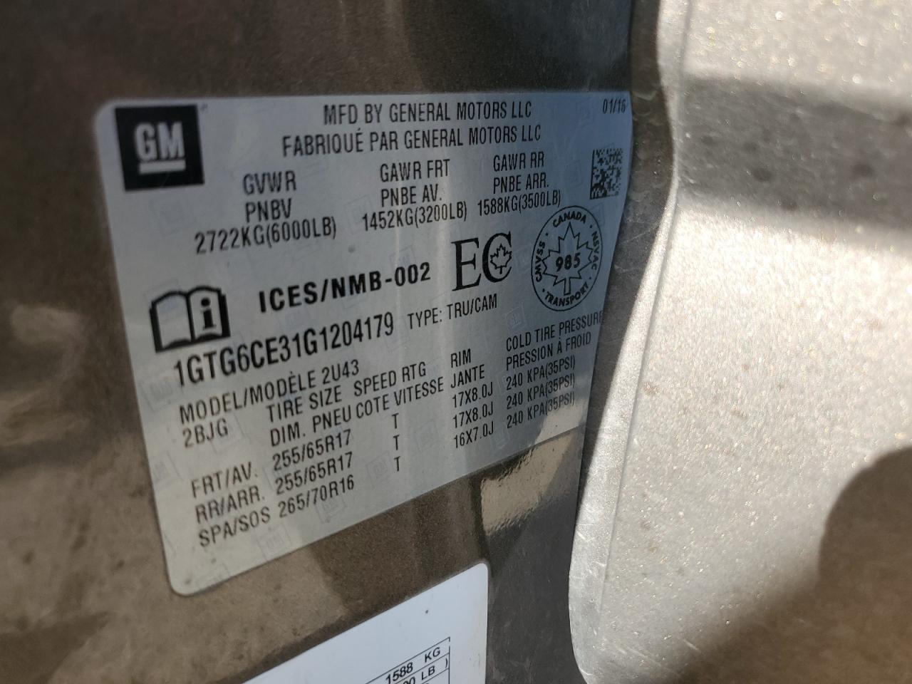 2016 GMC Canyon Sle VIN: 1GTG6CE31G1204179 Lot: 74837964