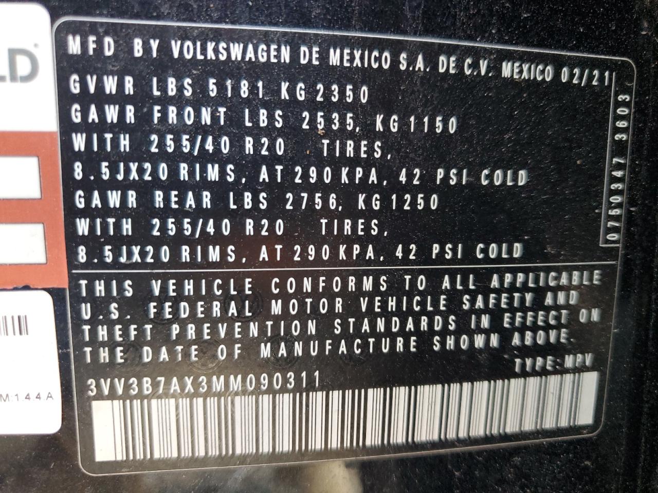 2021 Volkswagen Tiguan Se VIN: 3VV3B7AX3MM090311 Lot: 77029814