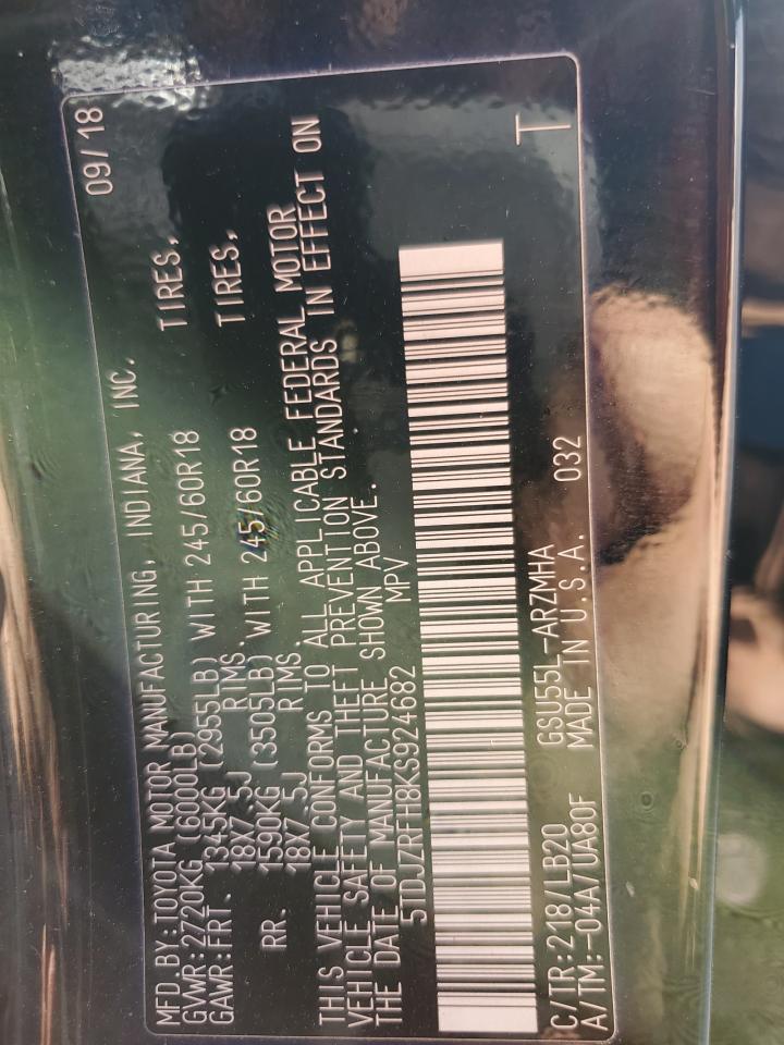 2019 Toyota Highlander Se VIN: 5TDJZRFH8KS924682 Lot: 77003994