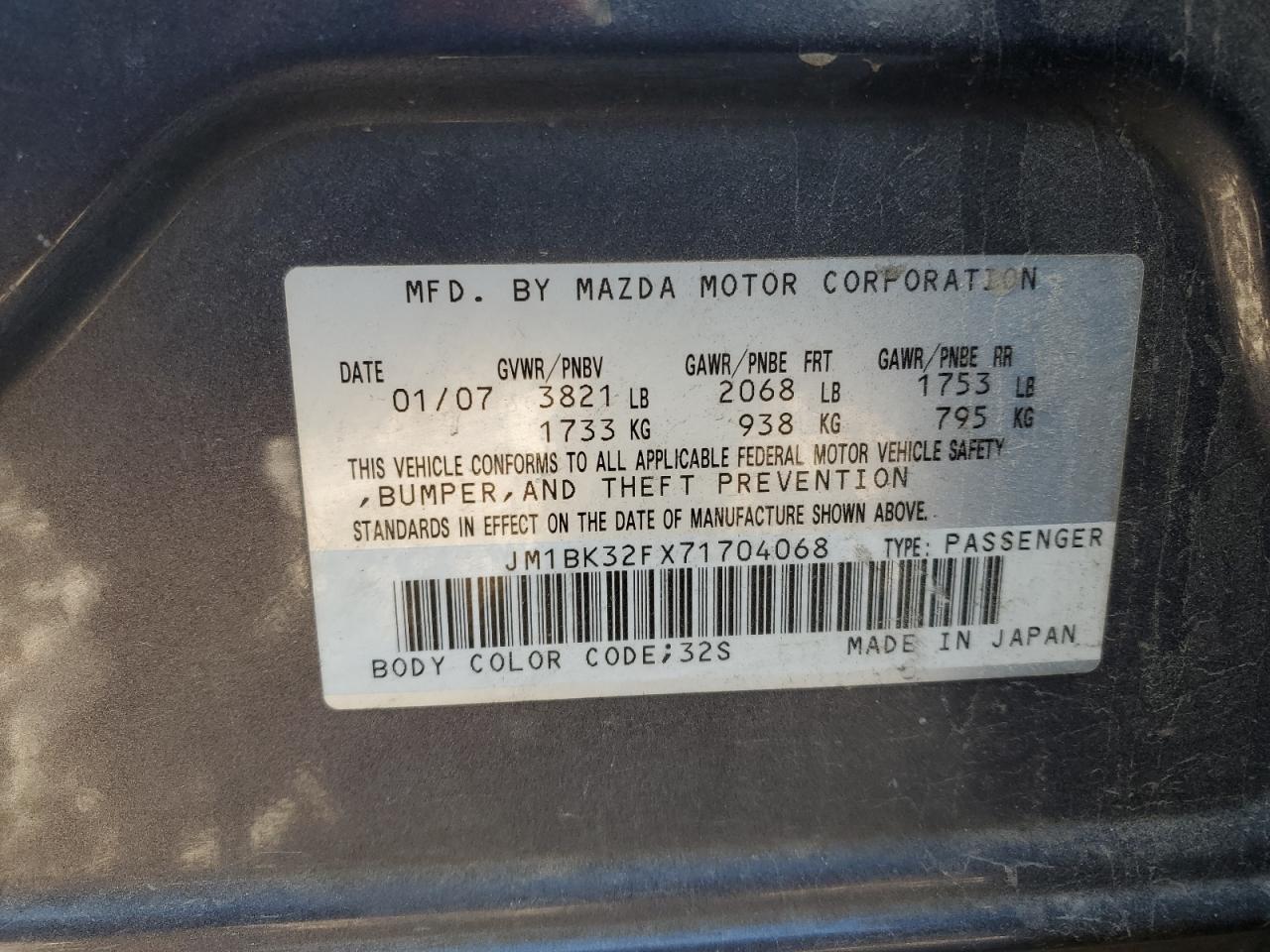 2007 Mazda 3 I VIN: JM1BK32FX71704068 Lot: 46574715