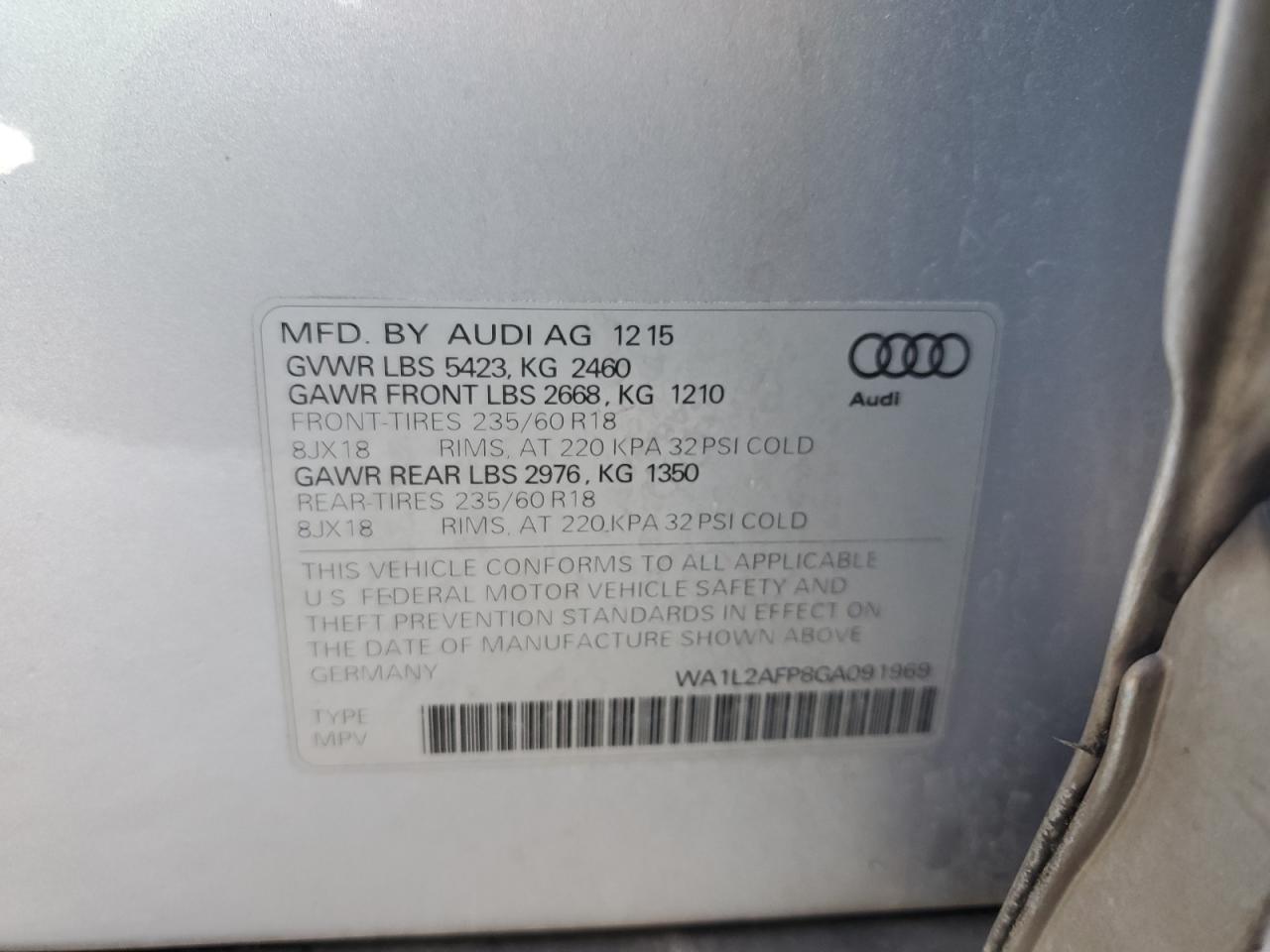 2016 Audi Q5 Premium Plus VIN: WA1L2AFP8GA091969 Lot: 77598604