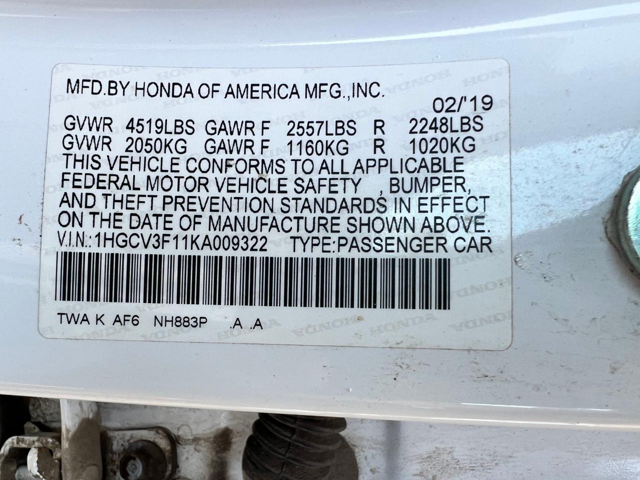 1HGCV3F11KA009322 2019 Honda Accord Hybrid