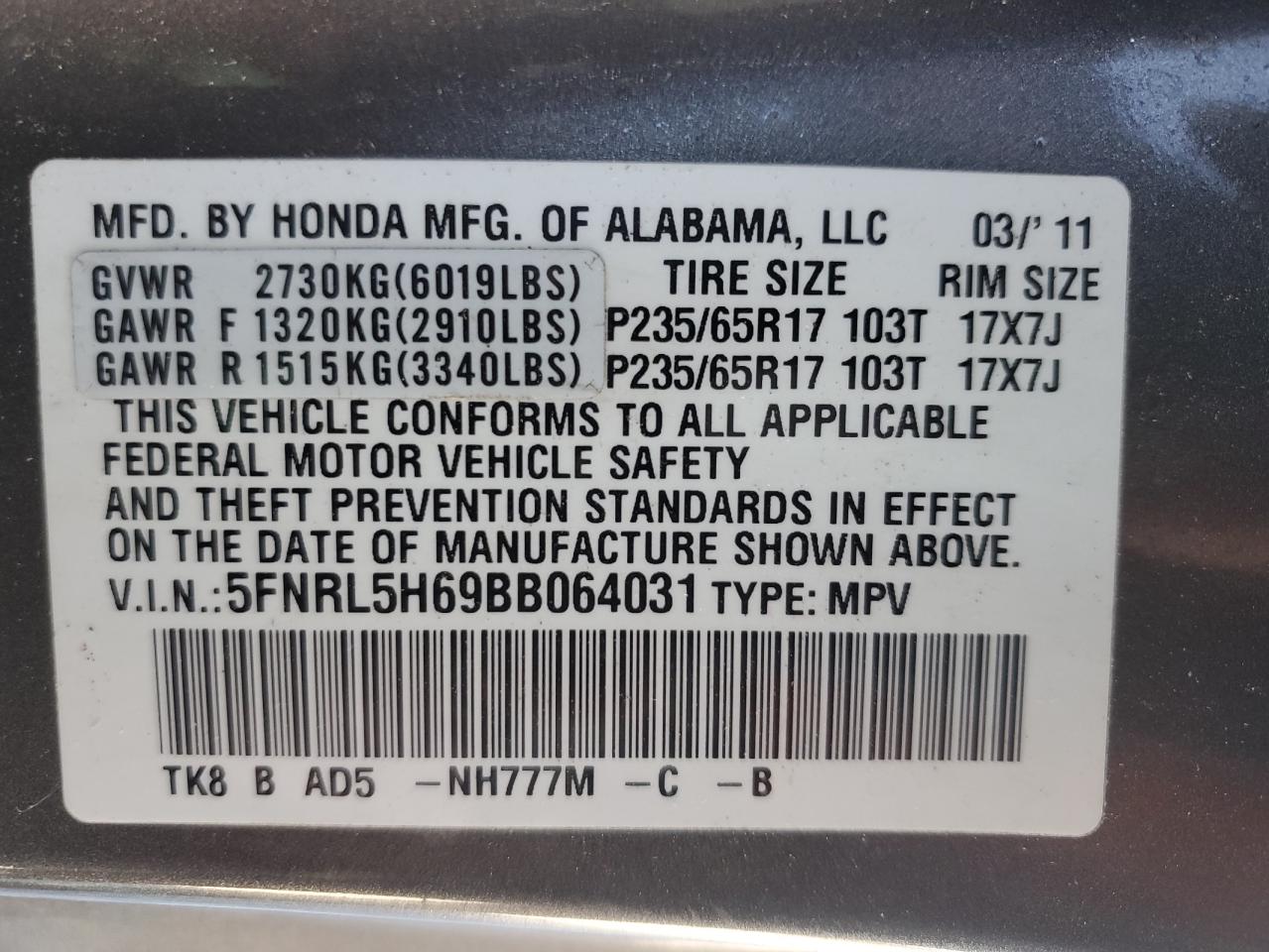 2011 Honda Odyssey Exl VIN: 5FNRL5H69BB064031 Lot: 76983234