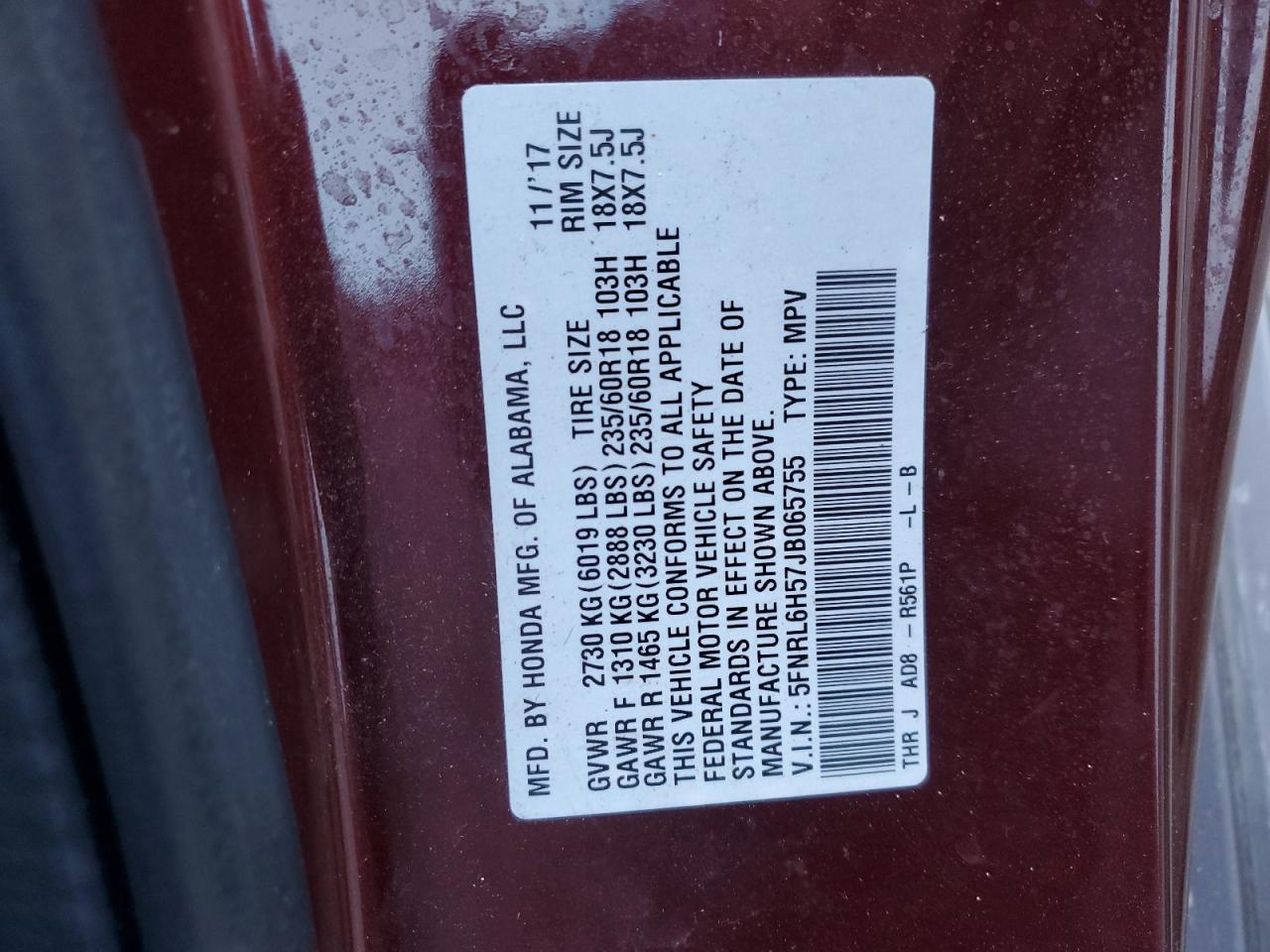 5FNRL6H57JB065755 2018 Honda Odyssey Ex