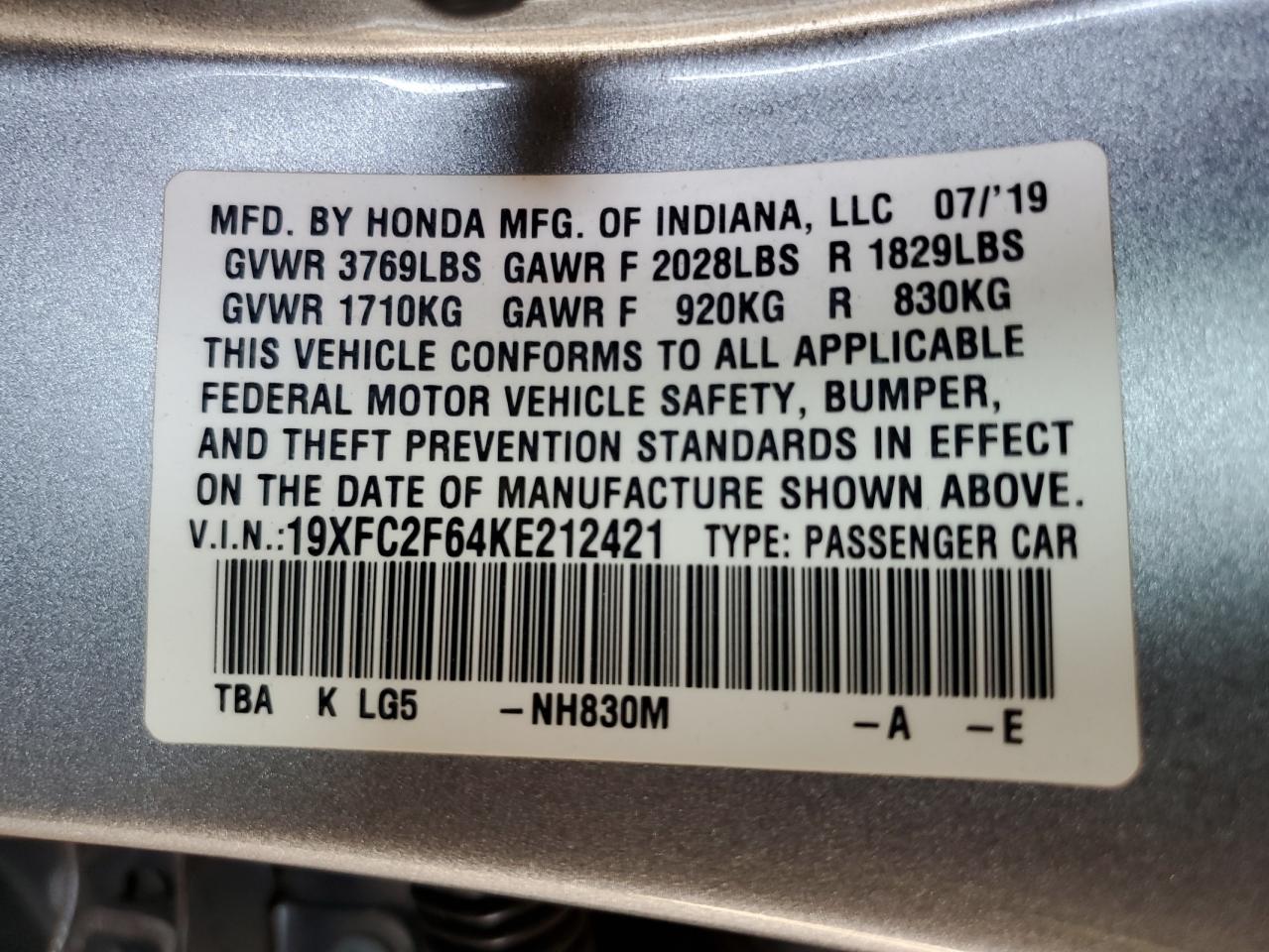 19XFC2F64KE212421 2019 Honda Civic Lx