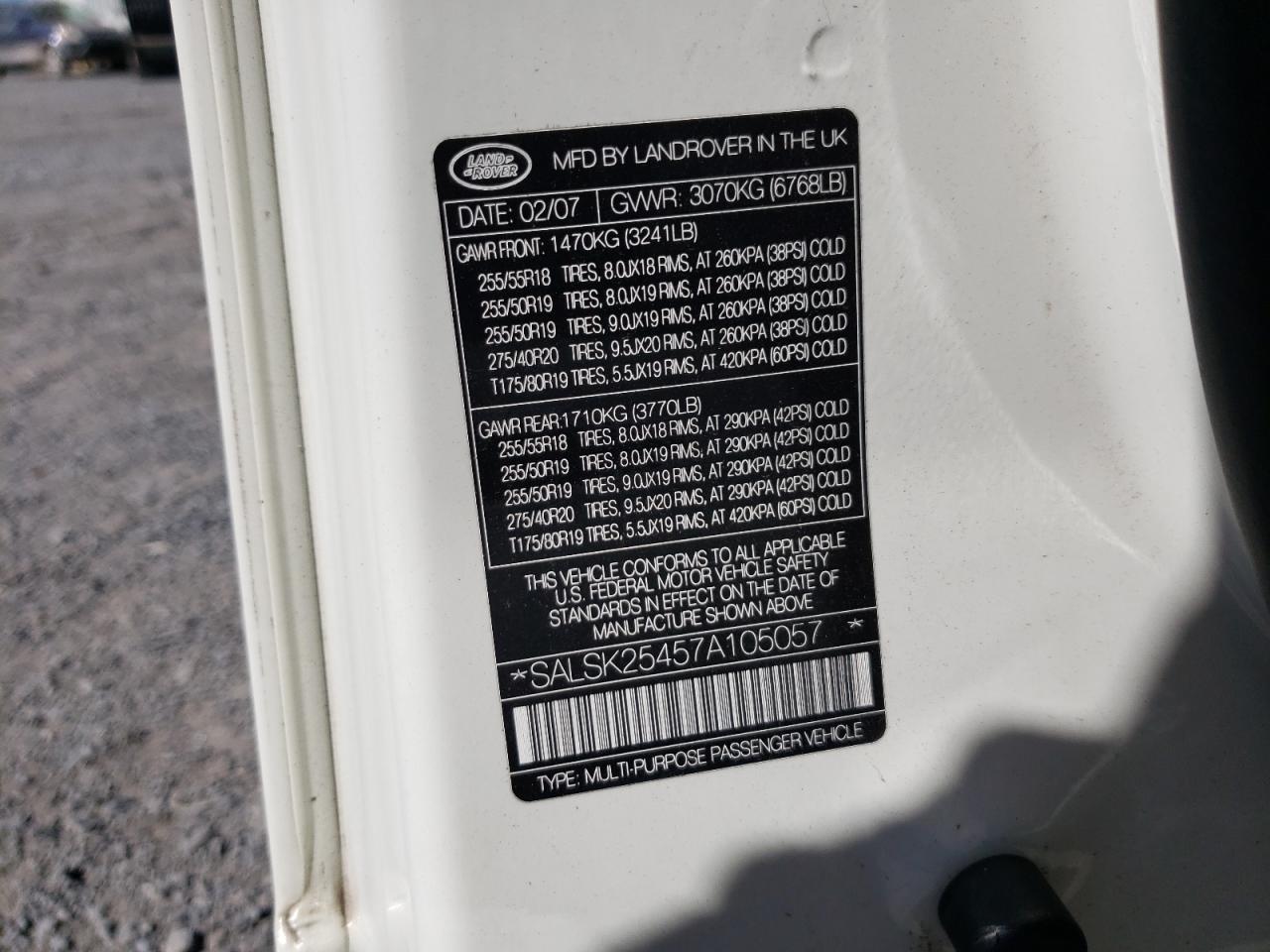 2007 Land Rover Range Rover Sport Hse VIN: SALSK25457A105057 Lot: 76470194