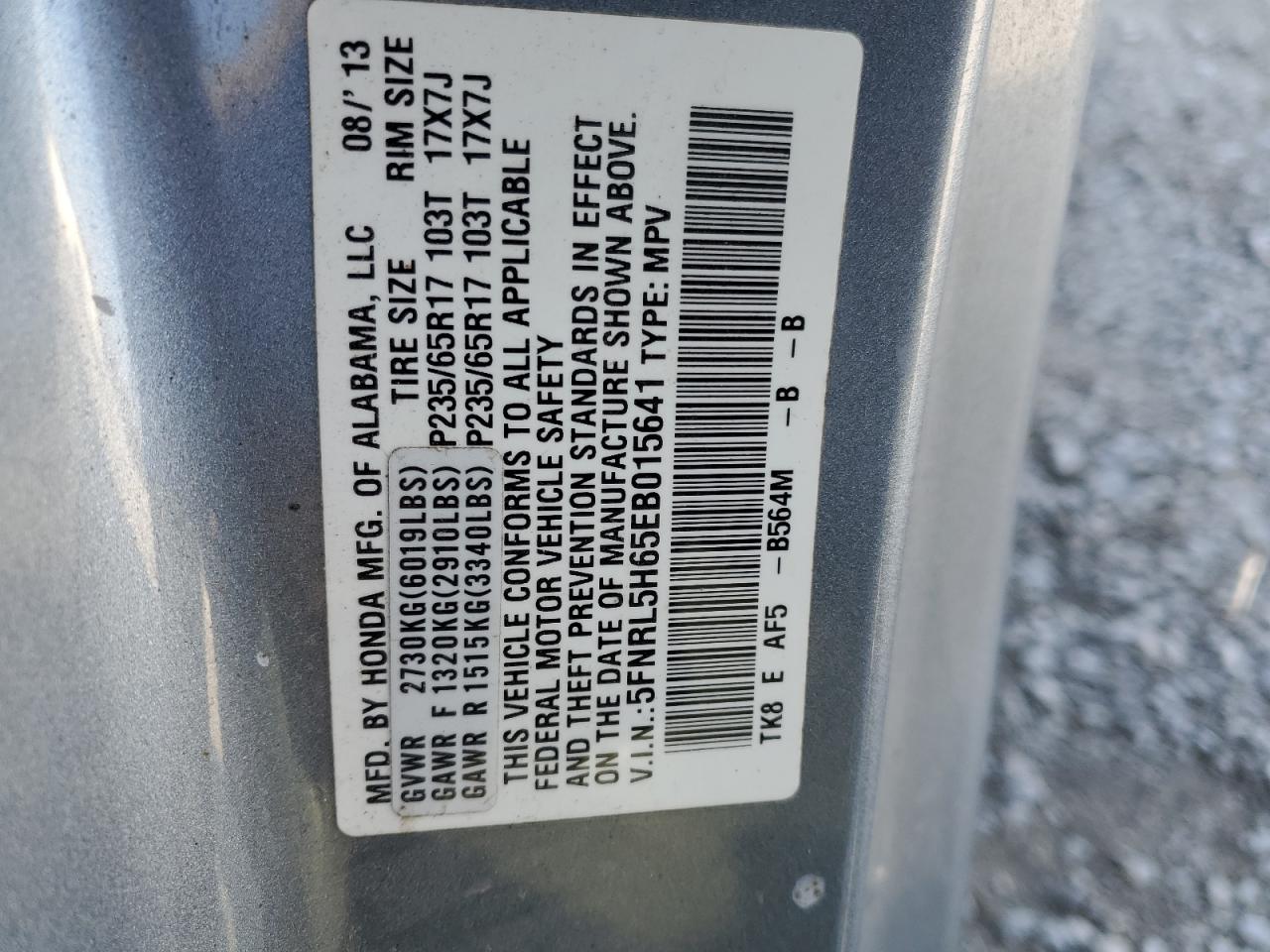 5FNRL5H65EB015641 2014 Honda Odyssey Exl