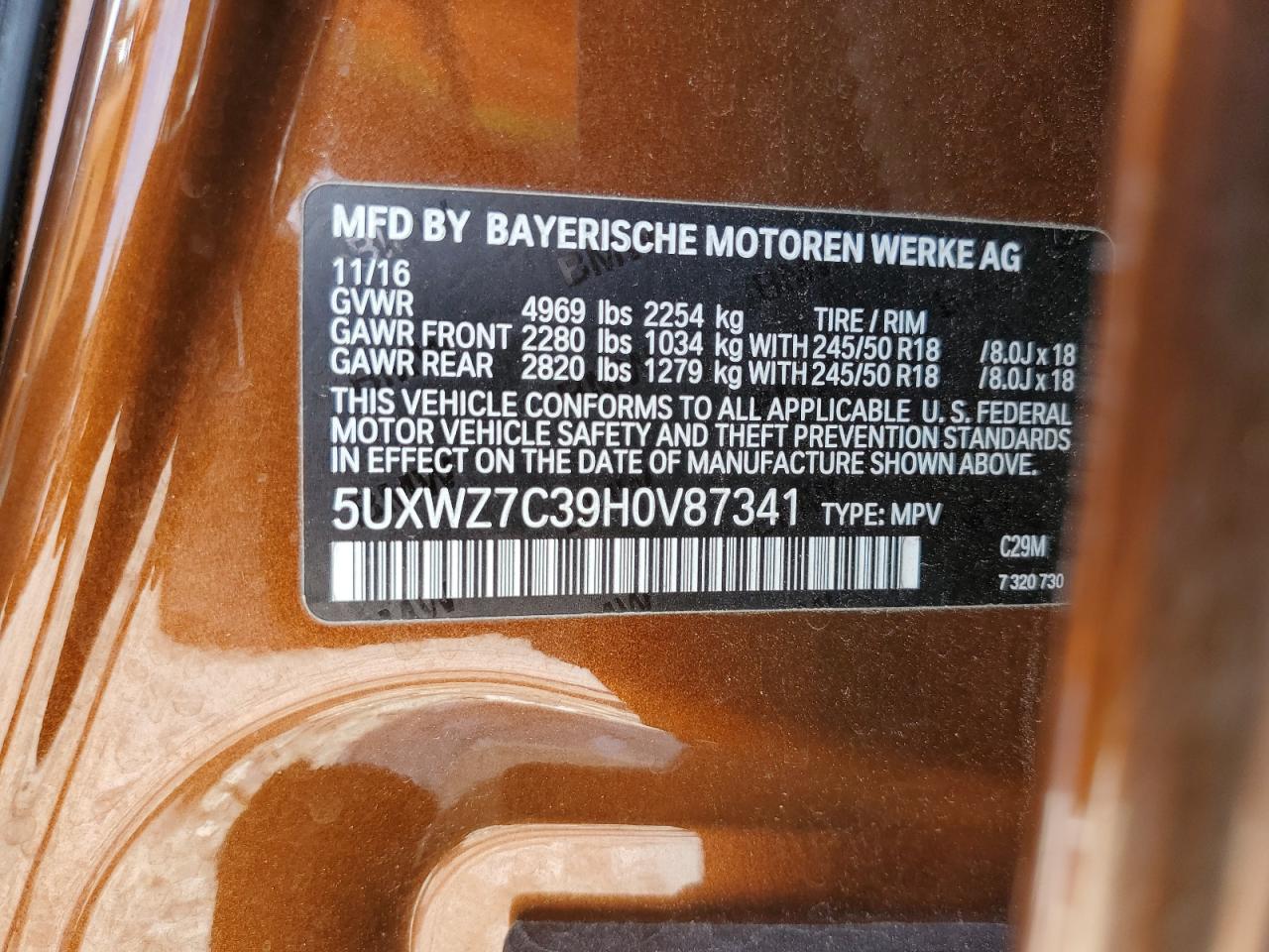 2017 BMW X3 Sdrive28I VIN: 5UXWZ7C39H0V87341 Lot: 74948864